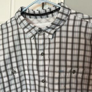 Men’s button up, long-sleeve outdoor/fishing shirt.